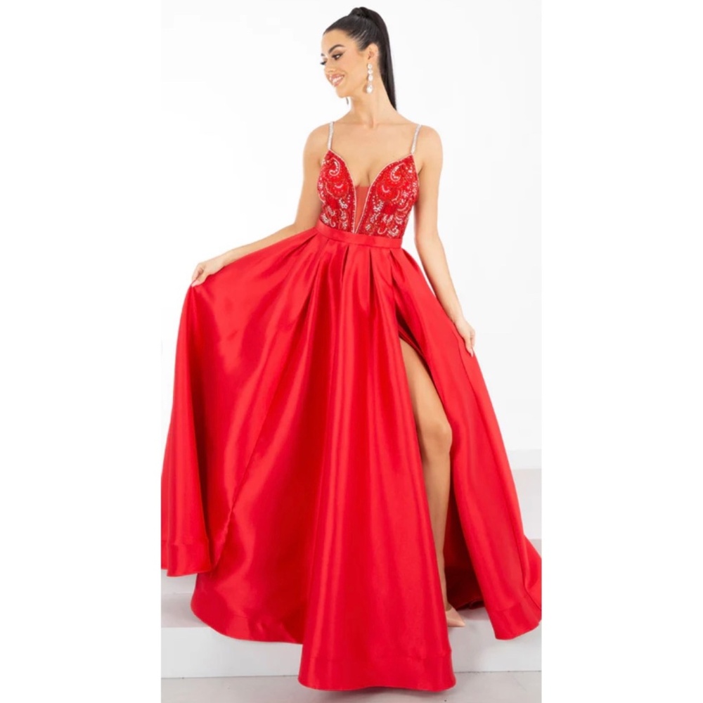 TNG821 MAKE AN OFFER red satin crystal bodice evening prom pageant ballgown